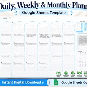 Pode incluir: Um modelo digital de planejador diário, semanal e mensal para Google Sheets. O layout apresenta uma grade de calendário mensal para dezembro de 2026, um rastreador de hábitos diários e caixas de seleção interativas para uso digital.