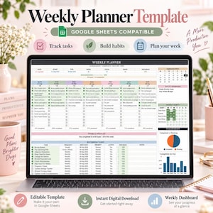 Op de afbeelding: Een digitale weekplanner-sjabloon voor Google Sheets weergegeven op een laptopscherm. De interface bevat kolommen voor dagelijkse taken, een gewoonte-tracker, een maandkalender en voortgangsgrafieken. Tekst: Weekly Planner Template.