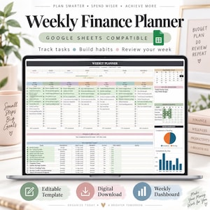 Pode incluir: Um planejador financeiro semanal digital exibido na tela de um laptop, com uma interface compatível com o Google Sheets que inclui rastreamento de tarefas, criação de hábitos, seções de revisão semanal, gráficos e um calendário.