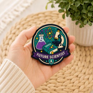 Patch termocolante de futuro cientista da química, microscópio, frasco de átomos
