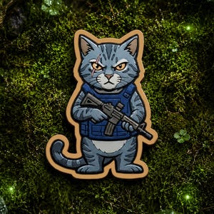 Puede incluir: Un parche de dibujos animados con un gato atigrado gris que lleva un chaleco táctico azul y sostiene un rifle. El gato tiene una expresión enfadada y una cicatriz en el ojo. El parche tiene un borde marrón y está sobre un fondo verde.