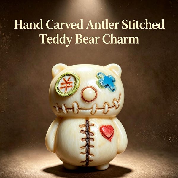 Hand Carved Antler Stitched Teddy Bear Charm, Creepy Cute Deer Horn Bag Pendant Keychain Mini Ornament Gift