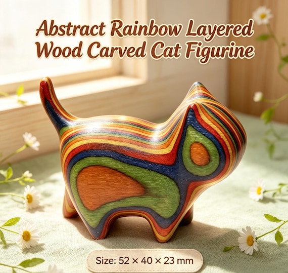 Stacked rainbow-layered wood slices carved into a tiny cat silhouette — the cross-section reveals a gradient of colors like geological strata; genuinely hypnotic shelf art.