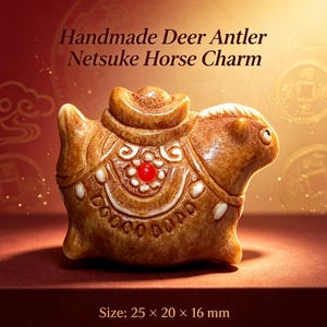 May include: A tan deer antler netsuke horse charm featuring a saddle with a red bead and a gold-toned ingot on its back. The charm measures 25 x 20 x 16 mm. Text on the image reads: Handmade Deer Antler Netsuke Horse Charm and Size: 25 x 20 x 16 mm.
