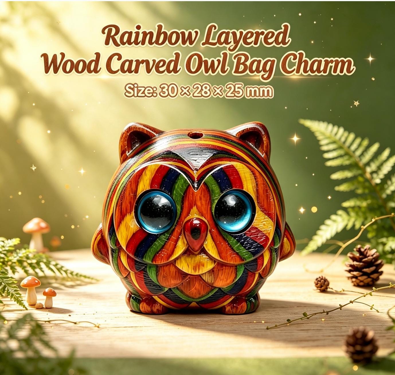 Rainbow Layered Wood Carved Owl Bag Charm, Cute Chibi Owl Pendant, Wooden Owl Keychain, Whimsical F