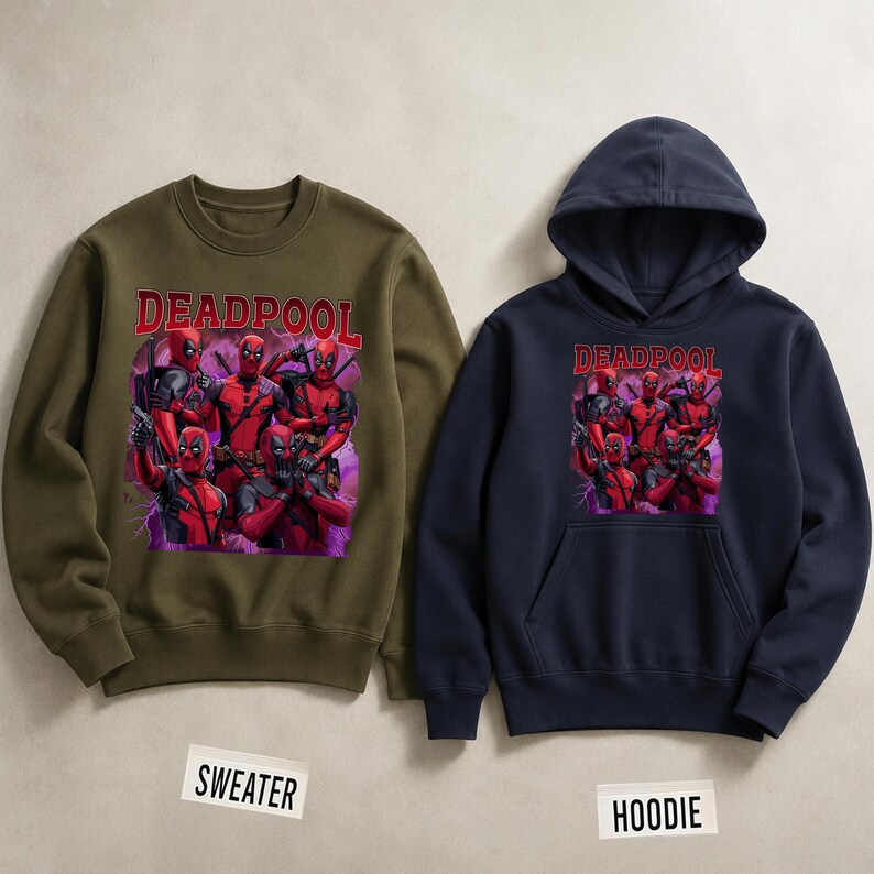 May include: An olive green crewneck sweater and a navy blue hooded sweatshirt. Both feature a graphic of Deadpool and the word "Deadpool" in red. The sweater has a "Sweater" label, and the hoodie has a "Hoodie" label.