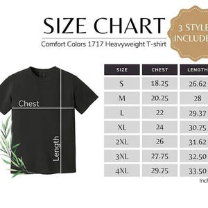 May include: A size chart for a Comfort Colors 1717 heavyweight t-shirt, featuring a black t-shirt graphic with chest and length measurement lines. A table lists sizes S through 4XL with corresponding chest and length measurements in inches.