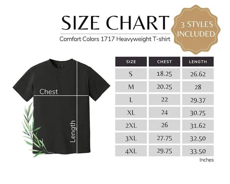 May include: A size chart for a Comfort Colors 1717 heavyweight t-shirt, featuring a black t-shirt graphic with chest and length measurement lines. A table lists sizes S through 4XL with corresponding chest and length measurements in inches.
