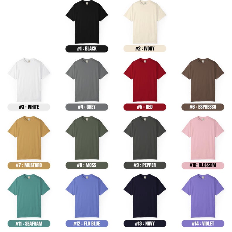 May include: A collection of fourteen short-sleeved crew neck t-shirts displayed in a grid. The colors include black, ivory, white, grey, red, espresso, mustard, moss, pepper, blossom, seafoam, flo blue, navy, and violet, each labeled with a number.