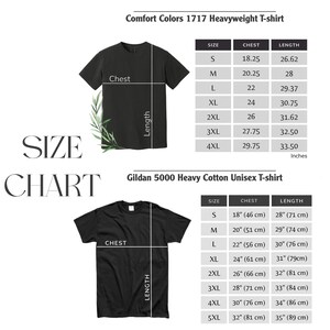 May include: A size chart for Comfort Colors 1717 Heavyweight T-shirts and Gildan 5000 Heavy Cotton Unisex T-shirts. The chart displays chest and length measurements in inches for various sizes, from S to 5XL, with a black t-shirt graphic.