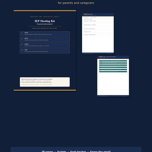 May include: A printable IEP Meeting Kit for parents and caregivers, featuring a dark blue layout with white text. The kit includes 28 pages, scripts, a goal tracker, and same-day email templates, organized into sections for orienting, before, during, and after meetings.