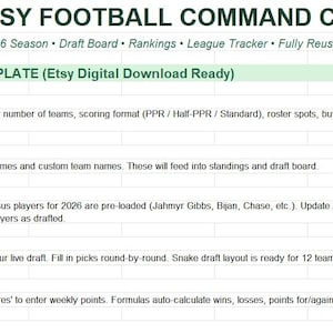 Fantasy Football Command Center 2026 | Draftpakket, ranglijsten, spreadsheet voor competitiebeheer