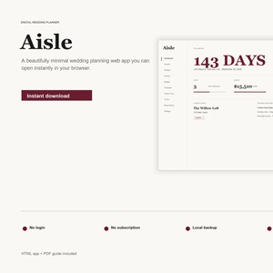 Peut inclure: Interface de l'application web Aisle, un planificateur de mariage numérique. L'interface affiche le texte "143 JOURS" en bordeaux, ainsi que d'autres données. L'application est décrite comme une application web de planification de mariage minimaliste.