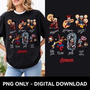 May include: Black t-shirt featuring Disney characters as Avengers. Mickey Mouse, Minnie Mouse, Donald Duck, Daisy Duck, Pluto, Goofy, Chip and Dale are depicted in superhero poses with their signatures. The word "Avengers" is in red.