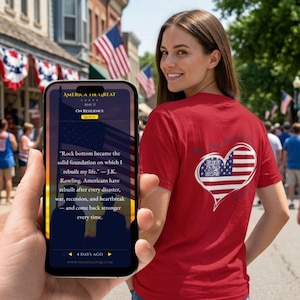 May include: A red t-shirt featuring a heart-shaped graphic with an American flag pattern on the back. A smartphone screen displays text about resilience, including a quote by J.K. Rowling and the website address www.yourdailyqr.com, held in front.