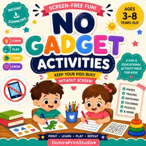 Puede incluir: Ilustración colorida que promociona "Actividades sin dispositivos" para niños de 3 a 8 años. La imagen muestra a niños dibujando, con texto como "¡Diversión sin pantalla!" y "¡Mantén a tus hijos ocupados sin pantalla!" También destaca laberintos, trazos y colorear.