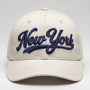 May include: A cream-colored baseball cap featuring the words New York embroidered in dark navy blue script across the front. The cap has a structured crown, a curved brim, and small ventilation eyelets on the top panels of the fabric.