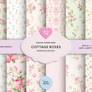 May include: A digital paper pack with 12 seamless designs, showcasing a cottage roses theme. The patterns feature pink and green floral arrangements on a white backdrop. The paper images are 30.48 cm x 30.48 cm and 3600 x 3600 pixels.