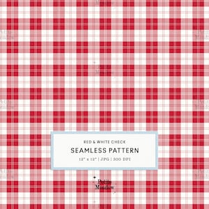 May include: A seamless red and white checkered pattern featuring a repeating grid of intersecting lines. A central rectangular label displays the text: RED & WHITE CHECK SEAMLESS PATTERN 12" x 12" | JPG | 300 DPI. The Petite Meadow logo appears.