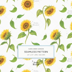 May include: A seamless pattern featuring watercolor sunflowers with yellow petals and brown centers, accompanied by green leaves on a white background. A central rectangular label displays the text: SUNFLOWER GARDEN SEAMLESS PATTERN 12" x 12" | JPG | 300 DPI.