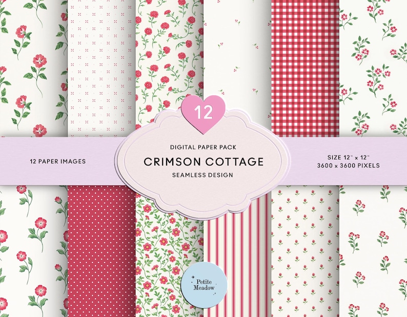 Romantic Red Floral Digital Paper Pack, Red Ditsy Flowers Seamless ...