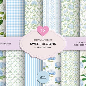 May include: A digital paper pack featuring 12 seamless designs with floral and gingham patterns in shades of blue and white. The pack is titled "Sweet Blooms" and includes images sized 12 x 12 inches, 3600 x 3600 pixels.