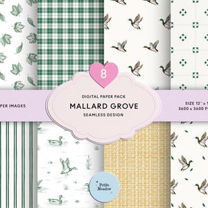 May include: A digital paper pack featuring eight seamless designs. The patterns include green leaves, plaid, ducks, and stripes. The pack is titled "Mallard Grove" and is 12 x 12 inches in size.