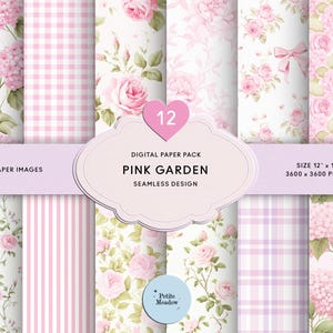 May include: A digital paper pack with 12 seamless designs, themed around a pink garden. The patterns include floral arrangements of roses and hydrangeas, along with gingham, stripes, and plaid. The paper size is 30.48 cm x 30.48 cm, with 3600 x 3600 pixels.