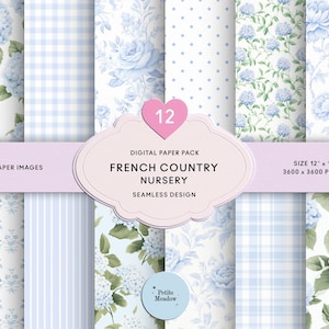 May include: A digital paper pack with 12 seamless designs, themed around a French country nursery. The patterns include blue hydrangea flowers, gingham, polka dots, and stripes. Each image is 30.48 cm x 30.48 cm and 3600 x 3600 pixels.