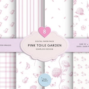 Op de afbeelding: Een digitaal papierpakket met acht naadloze ontwerpen in een roze toile-tuinthema. De patronen omvatten vlinders, strepen, bloemmotieven en een ruitpatroon. Het pakket heet "Pink Toile Garden" en is 30,48 x 30,48 cm groot.