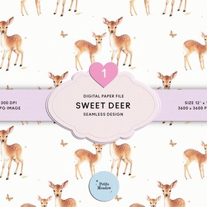 May include: A seamless digital paper file featuring a repeating pattern of watercolor deer in shades of brown and tan, with small butterflies on a white background. The text reads "SWEET DEER" and "SEAMLESS DESIGN". The image size is 12 x 12 inches.
