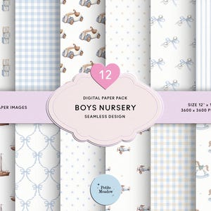 Può includere: Un pacchetto di carta digitale con 12 design senza cuciture per una cameretta per bambini. I motivi includono macchinine giocattolo, cavalli a dondolo, barche a vela e blocchi con la scritta "BOY". La tavolozza dei colori è azzurro, beige e bianco. Formato carta: 30,48 cm x 30,48 cm.