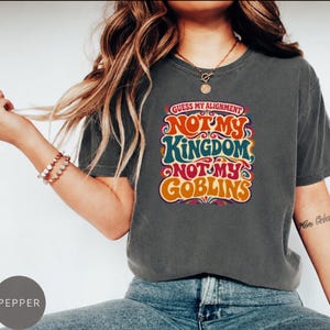 May include: A charcoal gray short-sleeve t-shirt featuring a multi-colored graphic print with the text "GUESS MY ALIGNMENT NOT MY KINGDOM NOT MY GOBLINS" in a stylized, wavy font. The design uses orange, teal, red, and yellow colors on the chest.