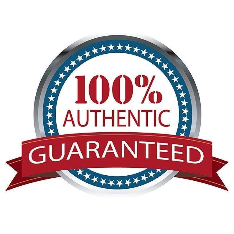 May include: A circular badge with a silver metallic border, a white center, and a blue ring featuring white stars. The text 100% AUTHENTIC is printed in red in the center, with a red banner across the bottom displaying the word GUARANTEED.
