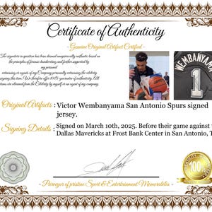 May include: A Certificate of Authenticity for a Victor Wembanyama San Antonio Spurs jersey. It includes two small photos: one of the athlete and one of the jersey back with the name Wembanyama and number 1. Text details the March 10, 2025 signing.