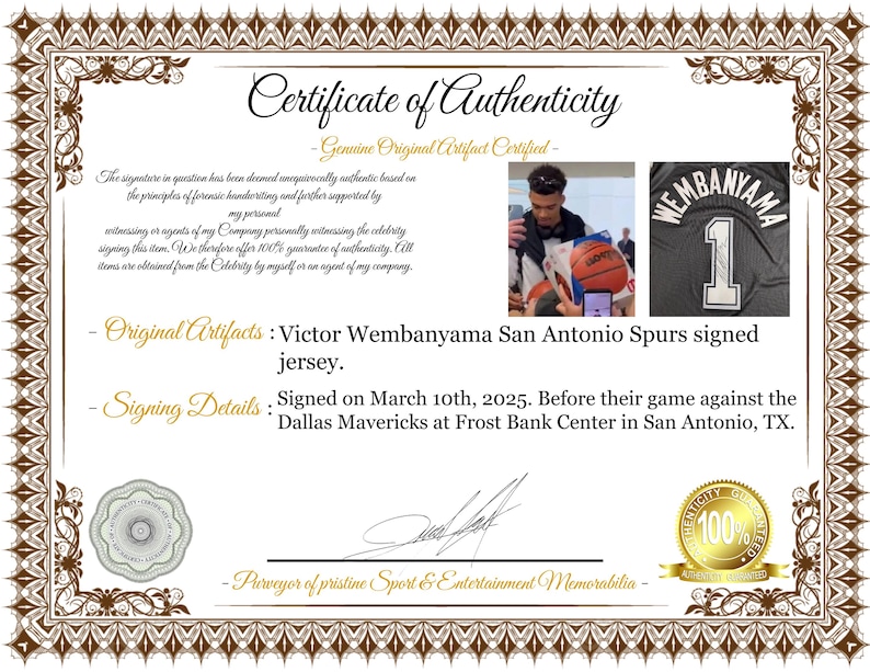 May include: A Certificate of Authenticity for a Victor Wembanyama San Antonio Spurs jersey. It includes two small photos: one of the athlete and one of the jersey back with the name Wembanyama and number 1. Text details the March 10, 2025 signing.