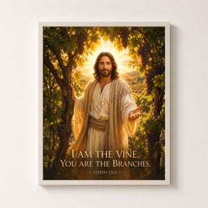 May include: Framed artwork featuring a man in white robes, arms outstretched, standing amidst grape vines. The text reads, "I AM THE VINE, YOU ARE THE BRANCHES. JOHN 15:5." The background shows a vineyard bathed in sunlight.
