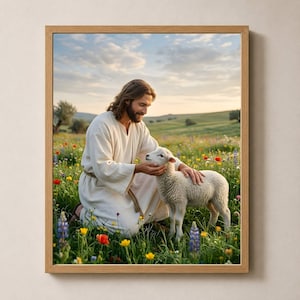 子羊を抱くイエスのプリント可能な壁掛けアート、キリストの宗教画、良き羊飼い、（8Kダウンロード）
