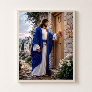May include: A figure with long brown hair and a beard, wearing a white robe and a flowing blue cloak, stands before a wooden door set in a stone wall. The scene includes a cobblestone path, white flowers, and a distant hillside village at dusk.