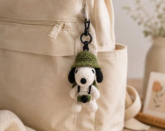 Handmade Crochet Beagle Dog Keychain, Amigurumi Puppy Charm, Olive Green Hat Bag Accessory
