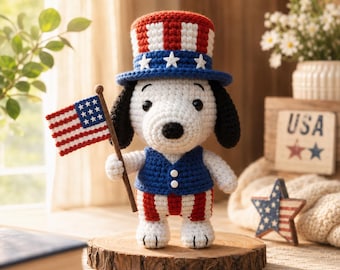 Snoopy Patriotic Crochet Plush, Uncle Sam Amigurumi Doll, American Flag Toy
