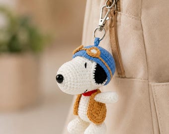 Handmade Snoopy Aviator Crochet Keychain, Amigurumi Pilot Dog Bag Charm, Peanuts Fan Gift