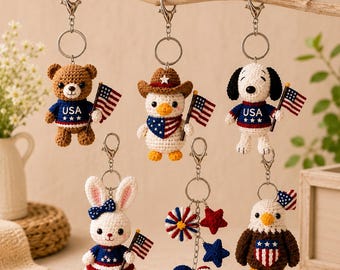 Patriotic Crochet Keychain Set USA, Snoopy Dog Bag Charm, 4th of July Handmade Amigurumi Gift, Eagle Bear Bunny Duck Keychain