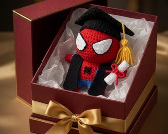 Handmade Crochet Spider-Man Graduation Doll, Superhero Amigurumi Plush Toy, Marvel Inspired Grad Gift