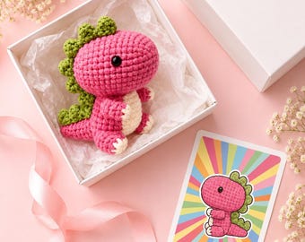 Pink Amigurumi Dinosaur Plush, Handmade Crochet Kawaii Dino Stuffed Animal, Nursery Decor