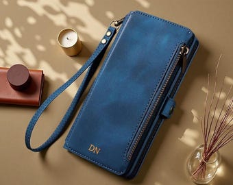 Personalized Custom RFID Blocking Wallet Case for Women Men with 9 Credit Card Holder Zipper Faux Leather Protective Phone Cover Case