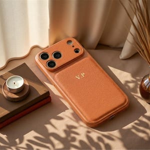 Könnte beinhalten: Eine strukturierte, orangefarbene Handyhülle mit drei Kameralinsen und den Initialen "V.P." in Gold. Die Hülle liegt auf einer beigen Oberfläche neben einem Stapel Bücher und einer brennenden Kerze.