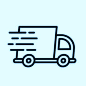 May include: A black line art icon of a box truck facing right, featuring a rectangular cargo area and a cab with a window. The truck design includes horizontal motion lines extending from the left side to indicate speed and rapid movement.