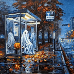 Original akrylmålning, Spöke vid busshållplatsen i Vancouver, Halloween-gatuscen (23x30 cm)