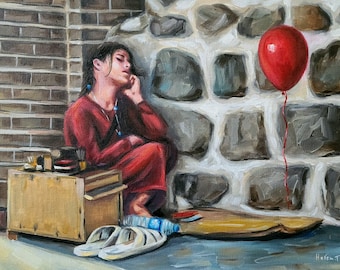 Original Painting Shoeshine Girl on Street, Handmade artwork Worker Kid, Acrylic painting, Tired Fell Asleep, Red Balloon